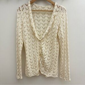 Elegant Cream Crochet Knit Pointelle Women's Button Up Cardigan M